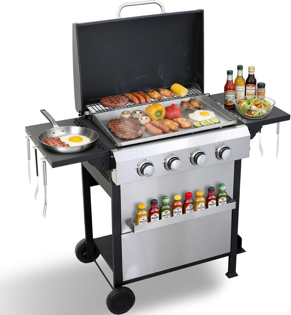 CIG GARDEN 4-Burner Propane Flat Top Grill, 42,000 BTU Stainless Steel Commercial-Style Griddle for Patio, Backyard, Camping & Outdoor BBQ