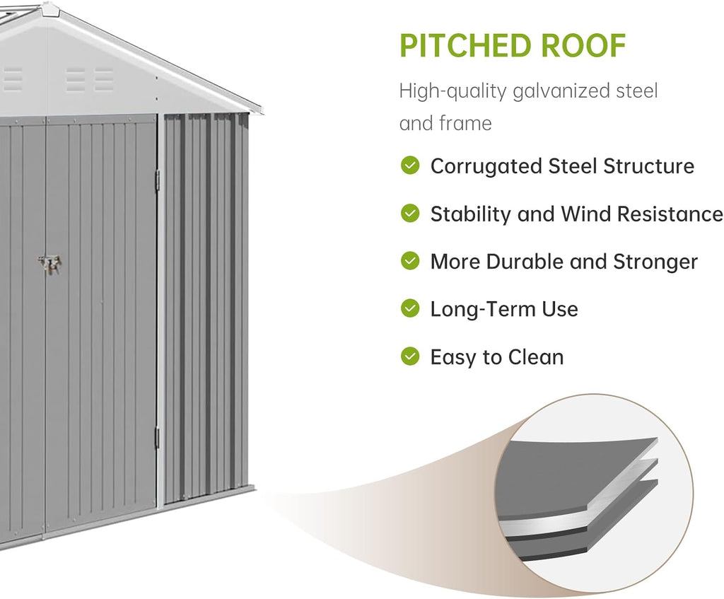 GarveeLife 7.5 x 8.5 ft Outdoor Storage Shed with Updated Frame Structure & Lockable Door, Waterproof Practical Garden Patio Lawn Poolside Metal Tool Shed Designed for Organization & Storage, Gray