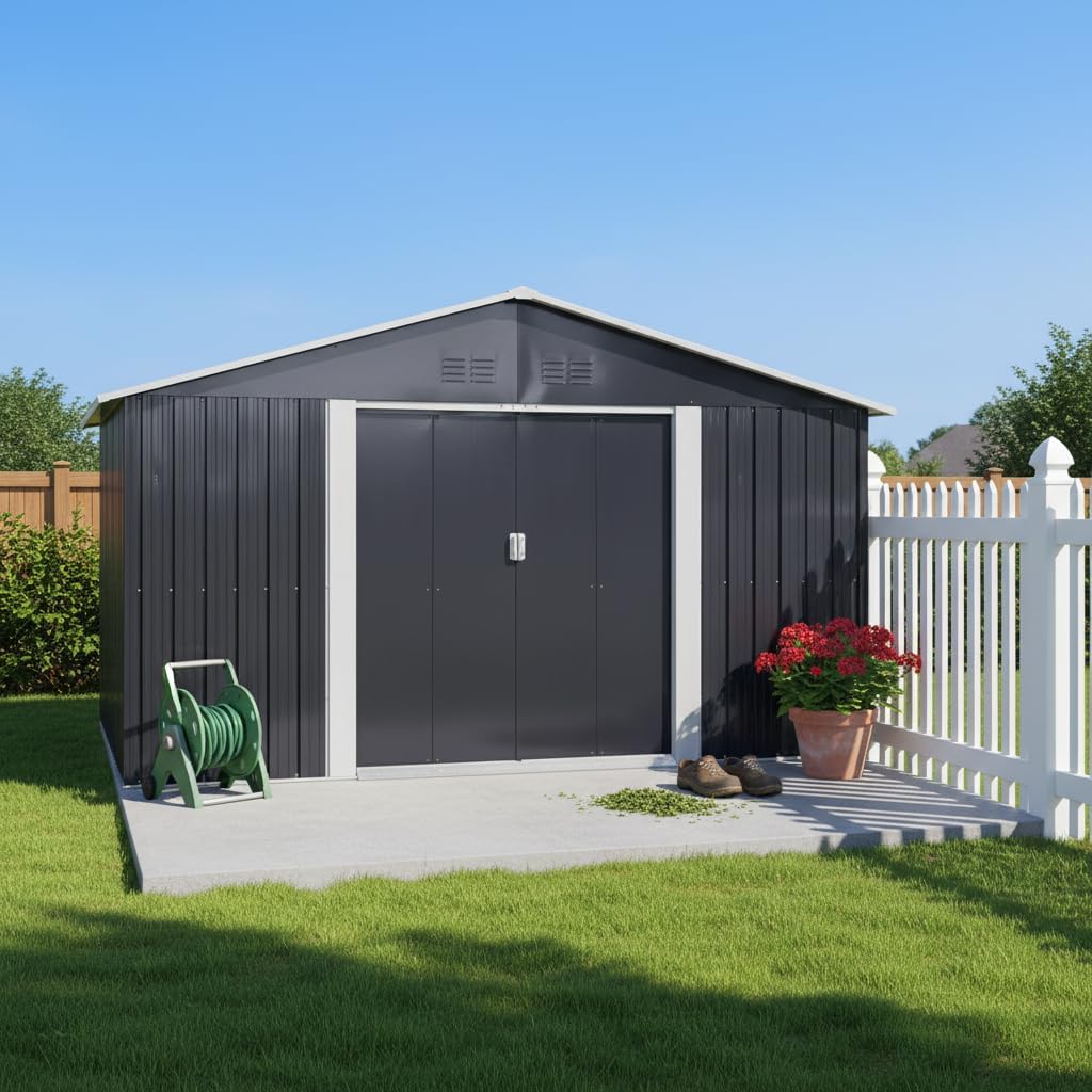 YOPTO 11.2x10.6 FT Outdoor Storage Shed Galvanized Metal Tool Shed with Window and Sliding Door,Waterproof Garden House w/Punched Vents & Locks,for Patio,Lawn,Backyard,Grey