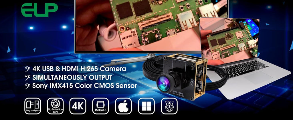 ELP 4K HDMI USB Camera - Wide Angle, 2X Digital Zoom, H.265, 8MP, UVC USB2.0 for Laptop & Monitor