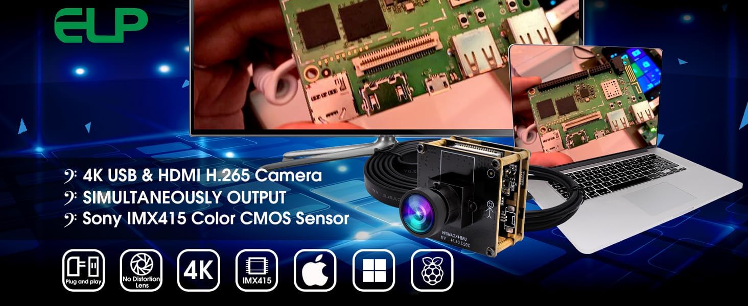 ELP 4K HDMI USB Camera - Wide Angle, 2X Digital Zoom, H.265, 8MP, UVC USB2.0 for Laptop & Monitor