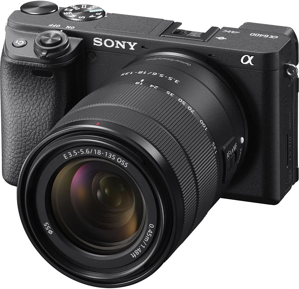 Sony a6400 Mirrorless Camera with 18-135mm Lens (ILCE-6400M/B) + 2 x 64GB Memory Card + 2 x NP-FW50 Battery + Photo Software + Filter Kit + More
