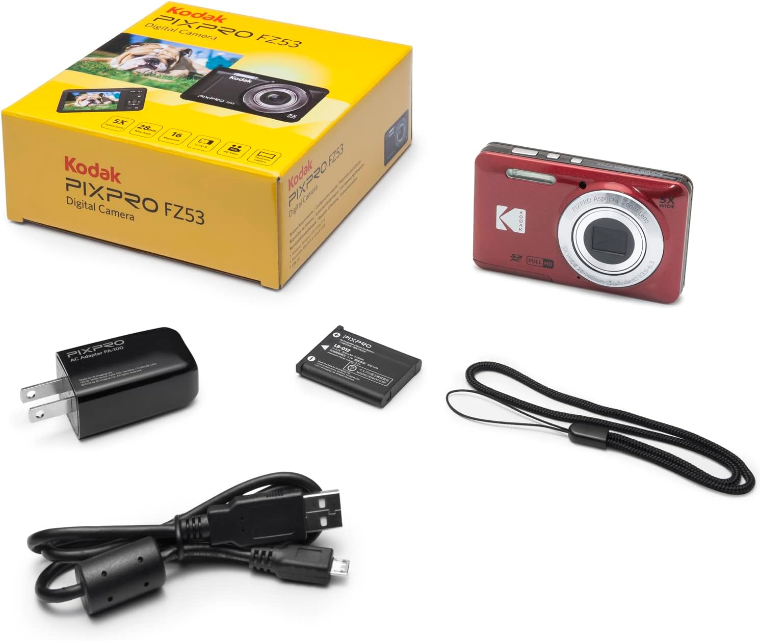 Kodak PIXPRO FZ55 Digital Camera, Red Bundle with Lexar 32GB High-Performance 800x UHS-I SDHC Memory Card + Deco Photo Point and Shoot Field Bag Camera Case