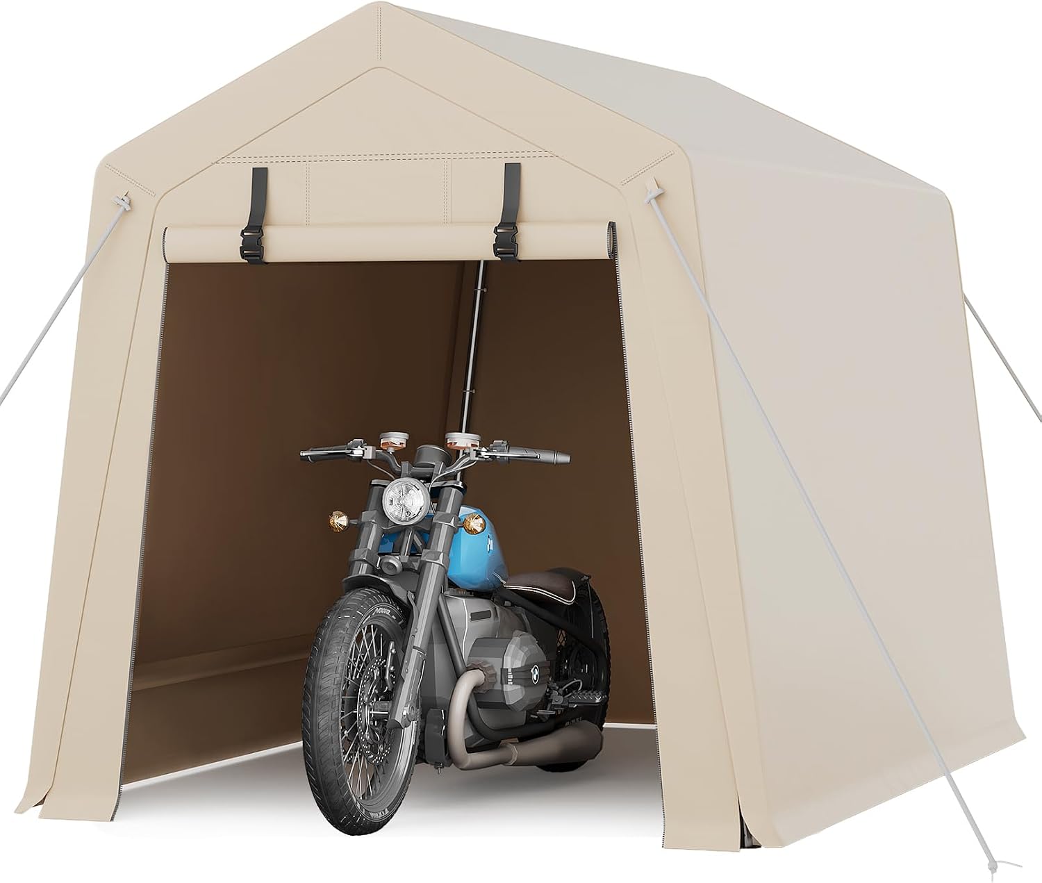 GarveeHome 6x6 FT Portable Outdoor Storage Shed with Roll-Up Zipper Door & Vent, 240G Heavy-Duty Shelter Waterproof PE Tarp, UV-Resistant Carport for Motorcycle, Firewood, Tools -Gray (Khaki, 6x8)