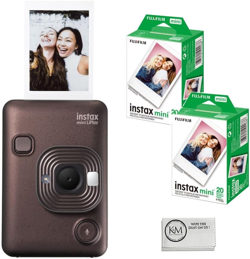 FUJIFILM INSTAX Mini LiPlay Instant Camera | Bronze Bundled with INSTAX Mini Instant Film | 40 Exposures + Cleaning Cloth (4 Items)