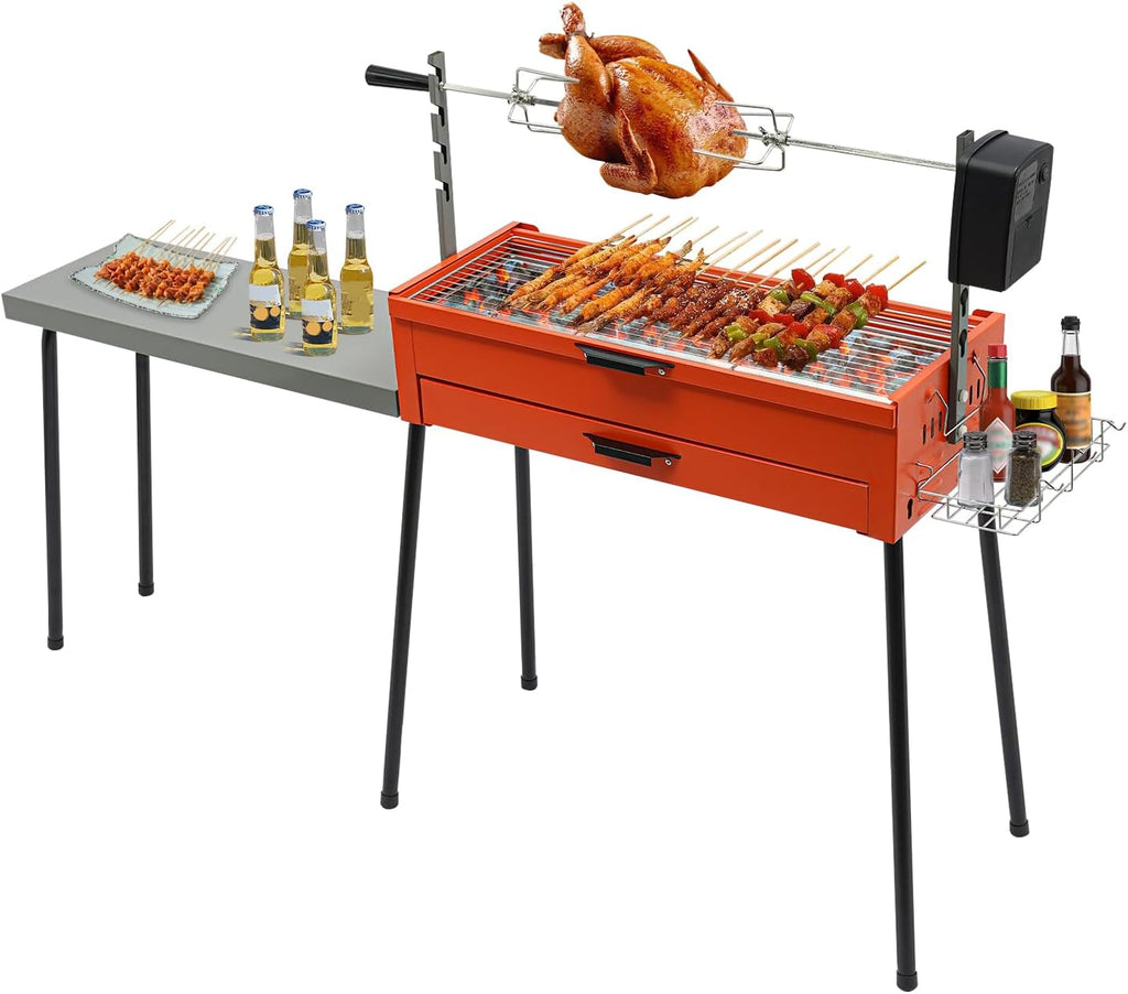 Barbecue Grill, 4W 220V Portable Charcoal Grills Height Adjustable Charcoal BBQ Grill Stainless Steel Chicken Grills Barbecue Tools with Side Table for Grilling Vegetables, Chicken Thighs, Steaks