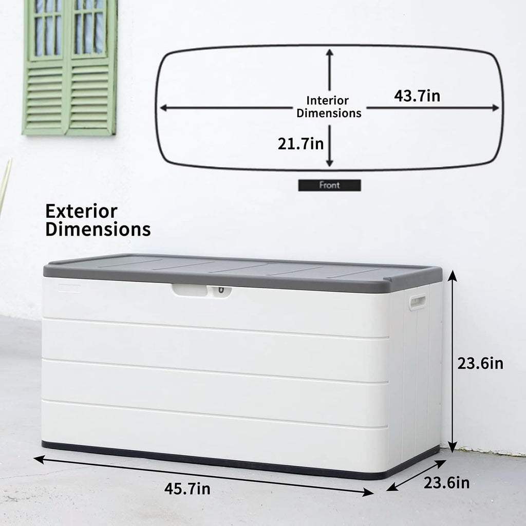 Mrosaa 110 Gallon Deck Box Waterproof,Double-Wall Resin Outdoor Storage Boxes, Deck Storage for boat slip storage,Cushions, Pool Float, Garden Tools,Patio Furniture, Lockable (OFF-WHITE)