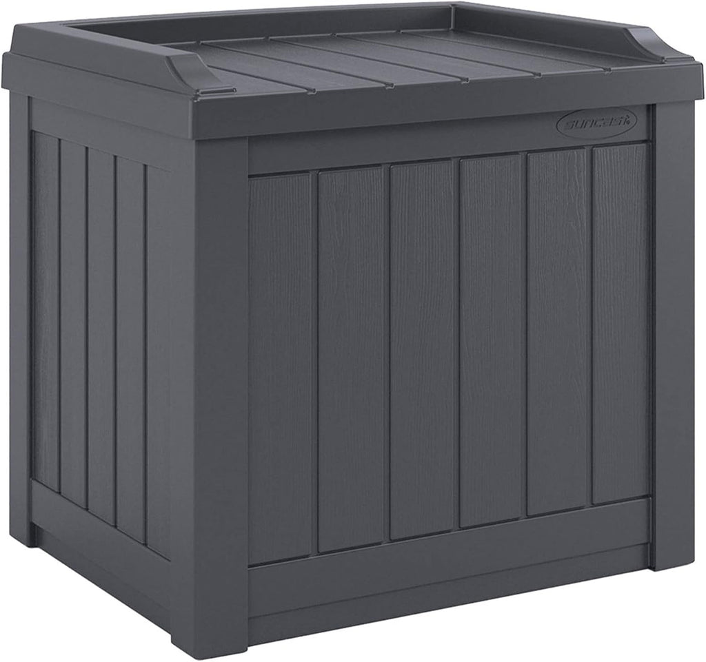 Suncast 22-Gallon Outdoor Patio Backyard Deck Box Storage Bench and 30-Gallon Hideaway Trash Waste Bin with Latching Lid, Cyberspace