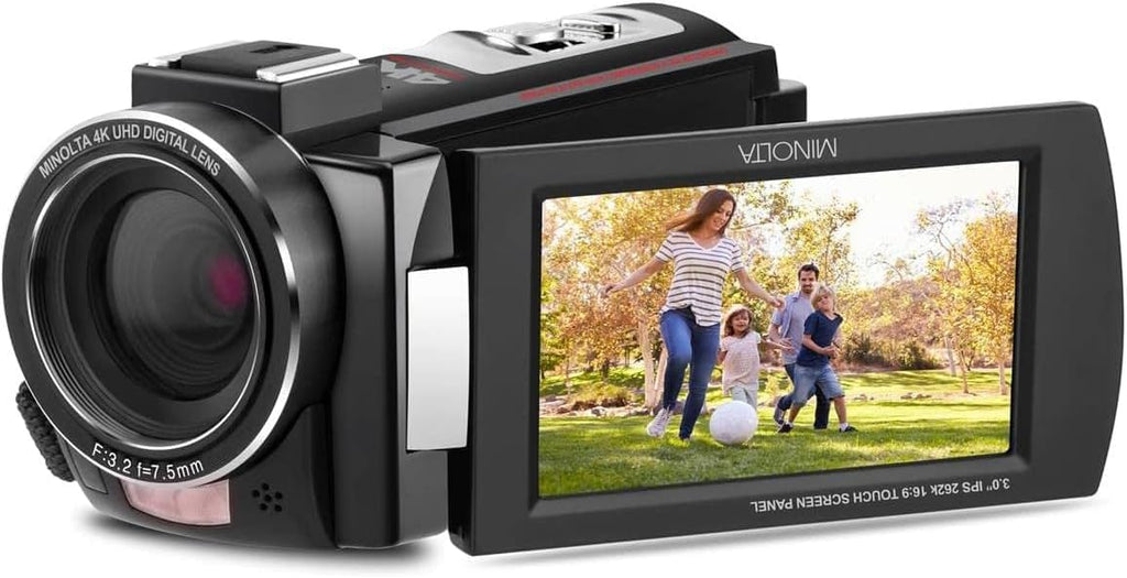 Minolta Camcorder - 4K Ultra HD, 30MP Photos, Night Vision with IR LEDs, 16X Zoom, Time-Lapse, Anti-Shake, 3' Touchscreen, HDMI USB Output, SD Slot, CMOS Sensor (Black)