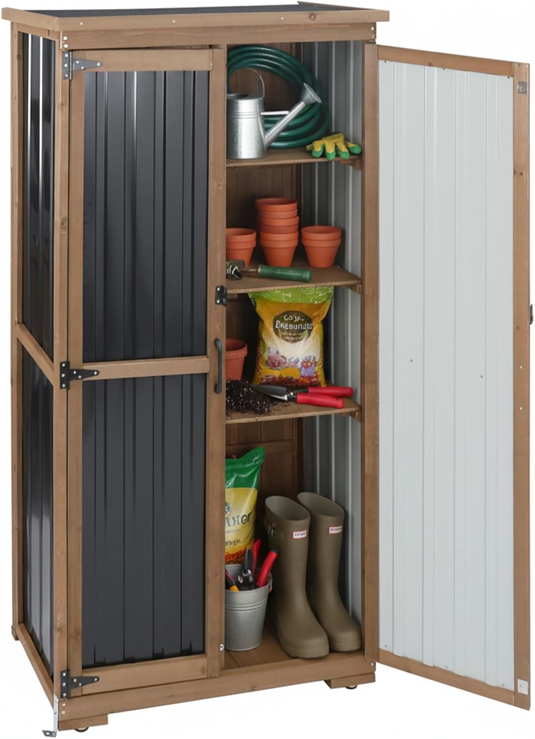 Outdoor Storage Cabinet with Shelves, Wood & Metal Storage Shed with Weatherproof Roof, Lockable Doors, Adjustable Feet, Outside Storage Cabinet for Garage, Patio (15.6' D x 32.3' W x 65.8' H)