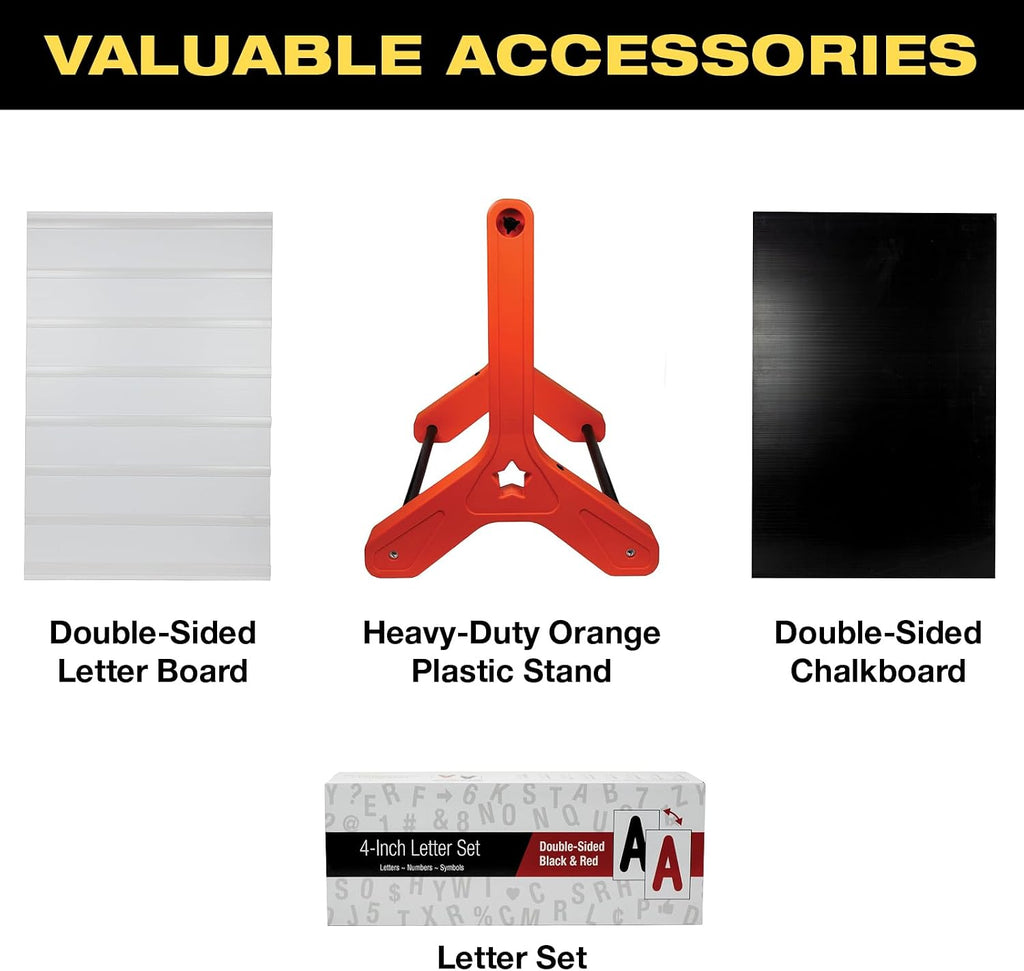 EXCELLO GLOBAL PRODUCTS Swinging Changeable Message Sidewalk Sign: 24' x 36' Sign with 792 Pre-Cut Double Sided Letters and Storage Box. Includes Black Board & Letter Board (Orange Color Legs)