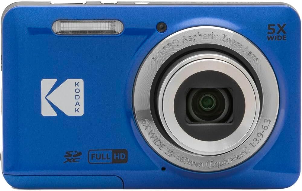 Kodak PIXPRO FZ55 Digital Camera, 16MP Compact Point & Shoot, 5X Optical Zoom, 28mm Wide Angle Lens, 1080P Full HD Video, Blue + Camera Case & 32GB SD Card