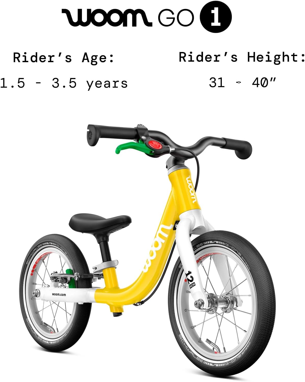 woom GO 1 & GO 1 Plus Balance Bike for Toddlers & Kids 18 Month to 4.5 Years Old, 12-Inch & 14-Inch Lightweight Bicycles for Boys & Girls