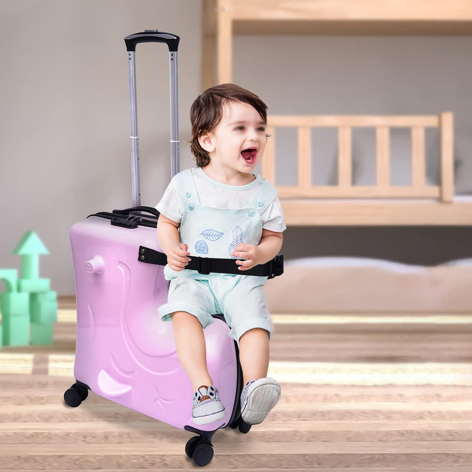 20 Inch Kid Ride-On Trolley Case, Double-Row Universal Wheels Pink Kids Luggage with 3-Digit Lock & Safety Belt for Kids Aged 3-6, Airplane Travel Compatible