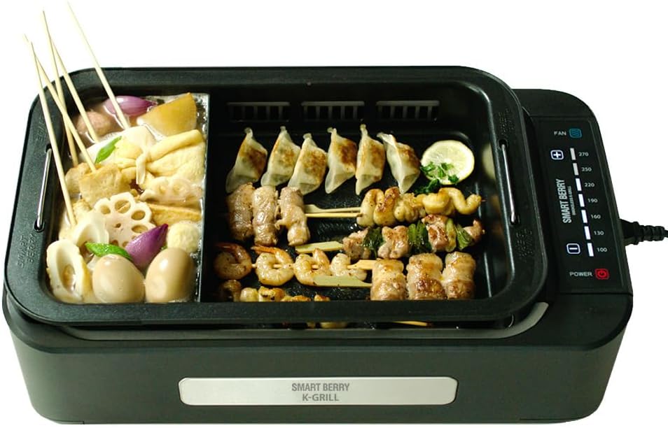 SMART BERRY 3 in 1 Smokeless Electric Indoor Grill, Nonstick Grill/Griddle Plates, Jjamjjapan, Glass Lid, Portable Korean BBQ Grill with 7-Level Control (Jjamjjapan set Black)