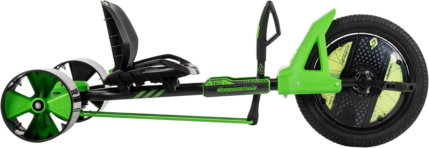 Huffy Green Machine 16 Inch Drift Trike, Sleek Ergonomic Design, Adjustable Seat, Durable Steel Frame, Easy to Operate, Drift Trike for Kids Ages 5-8, Max Weight 80lbs, Coaster Brake, Green and Black