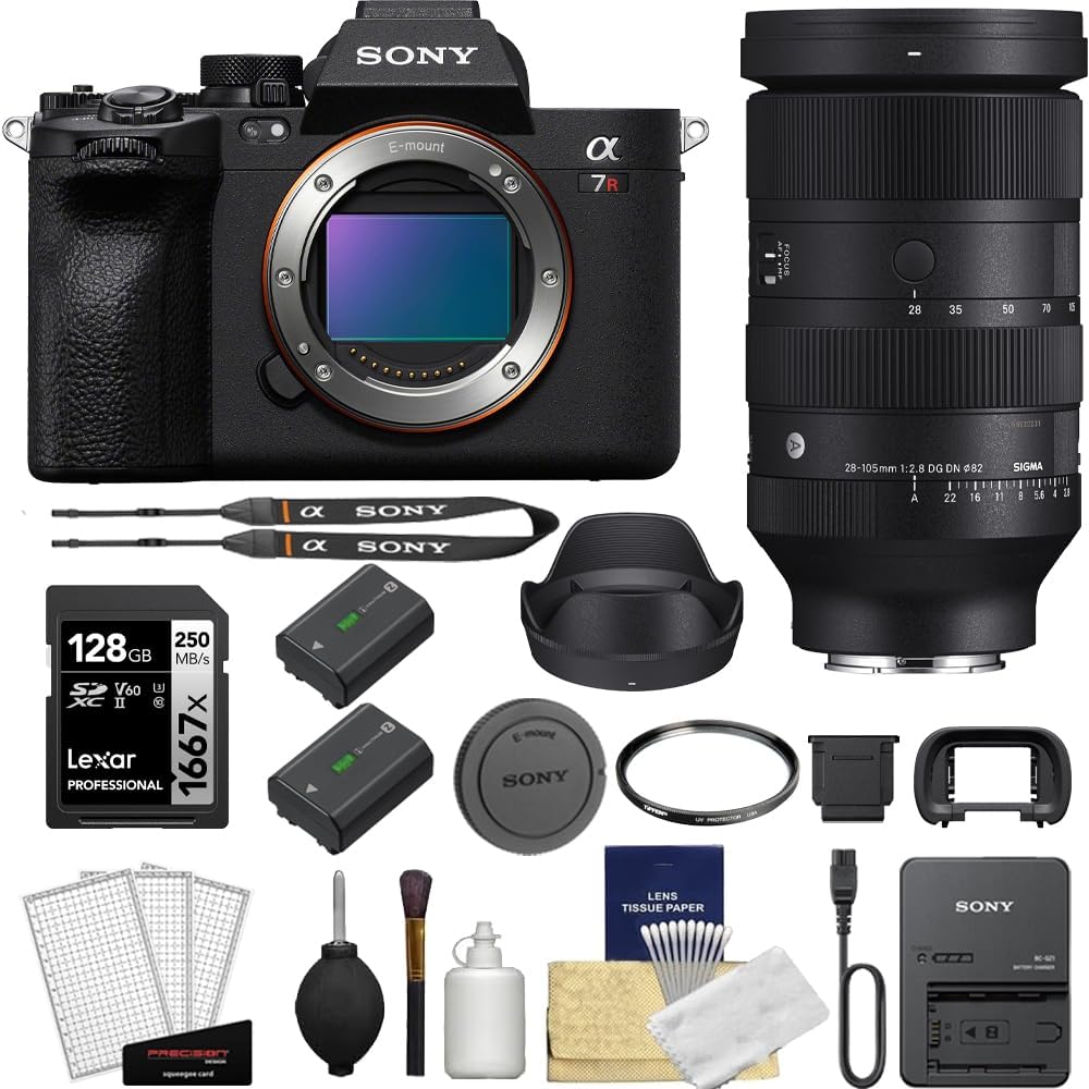 Sony Alpha a7R V Mirrorless Digital Camera Bundle with Sigma 28-105mm F2.8 DG DN Art Lens + Extra Sony NP-FZ100 Battery +128GB Memory Card + Screen Protectors + Cleaning Kit + Microfiber Cloth