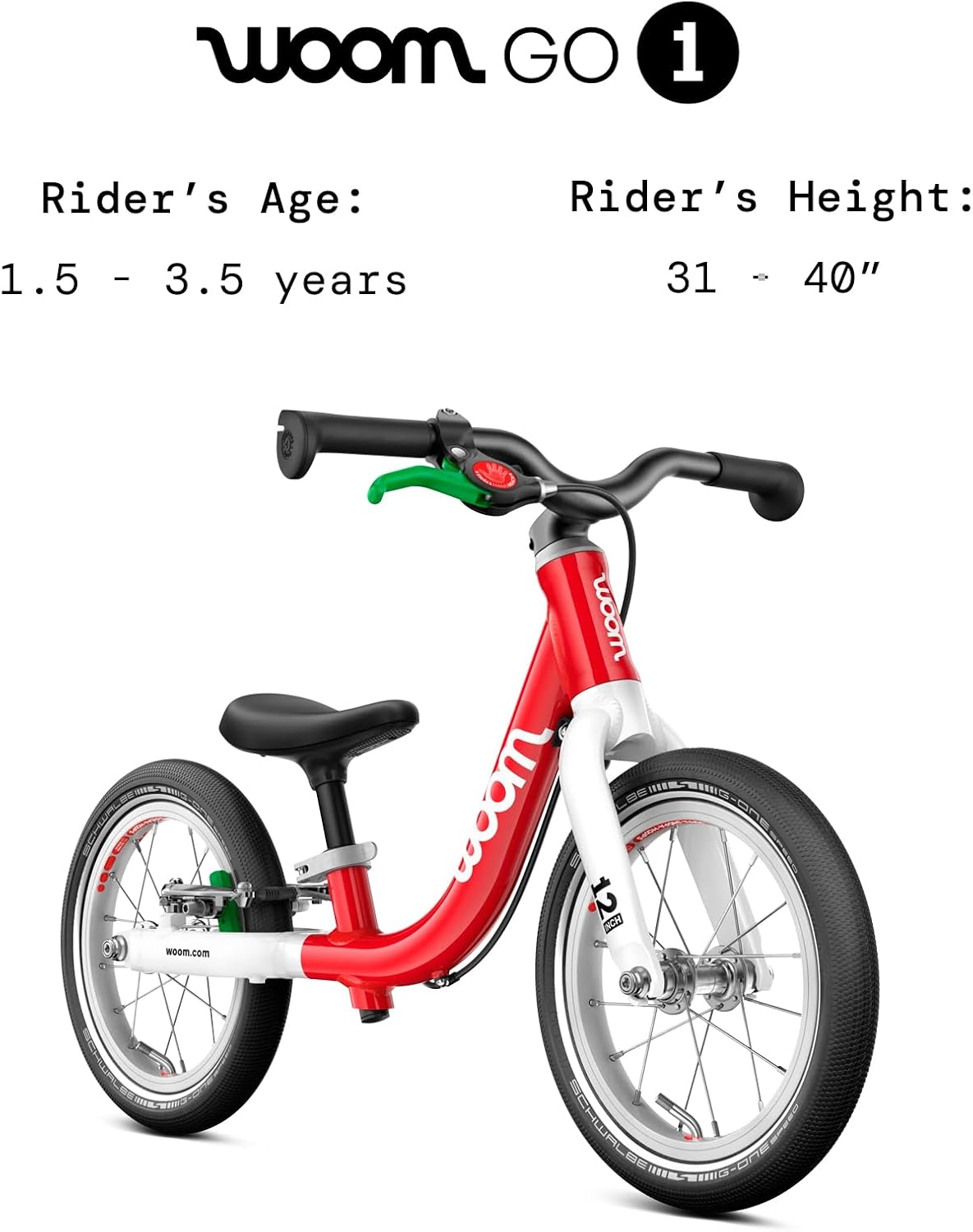 woom GO 1 & GO 1 Plus Balance Bike for Toddlers & Kids 18 Month to 4.5 Years Old, 12-Inch & 14-Inch Lightweight Bicycles for Boys & Girls