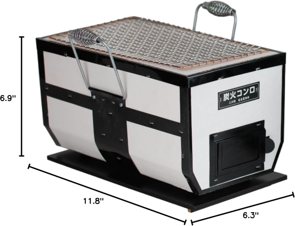 Japanese BBQ Charcoal Grill - Shichirin, Konro, Hibachi, Tabletop Barbecue - With Handles - White - Made in Japan - 6.3 x 11.8 in