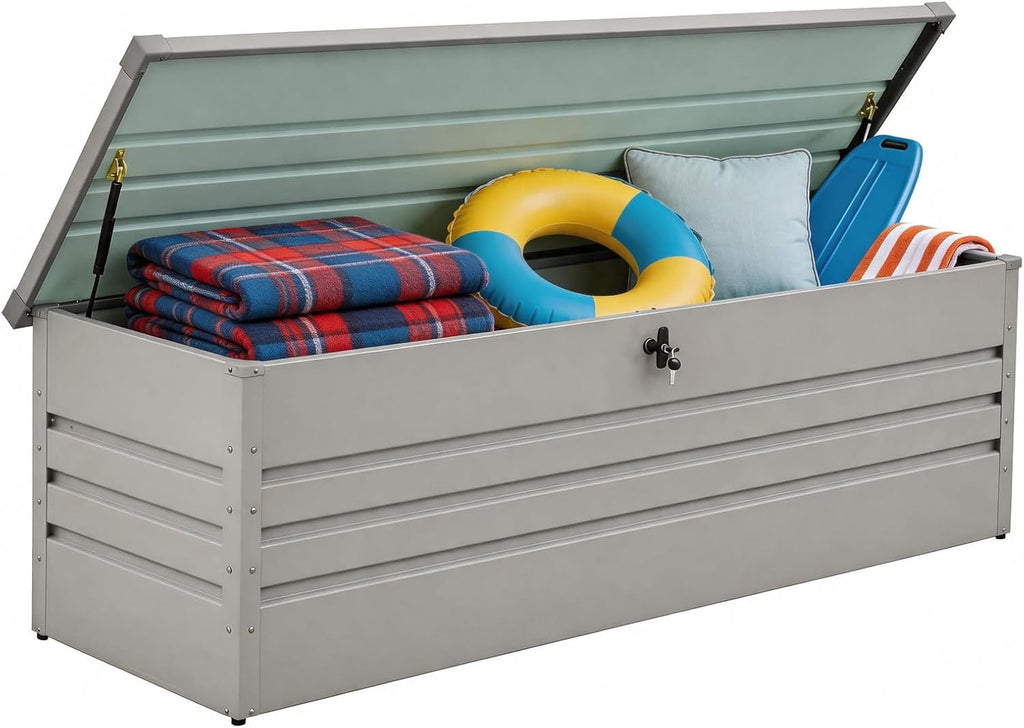 260 Gallon Waterproof Outdoor Storage Box, Extra Large Outside Metal Deck Storage Box for Patio Cushions, Garden Tools, Pool Supplies, Light Gray