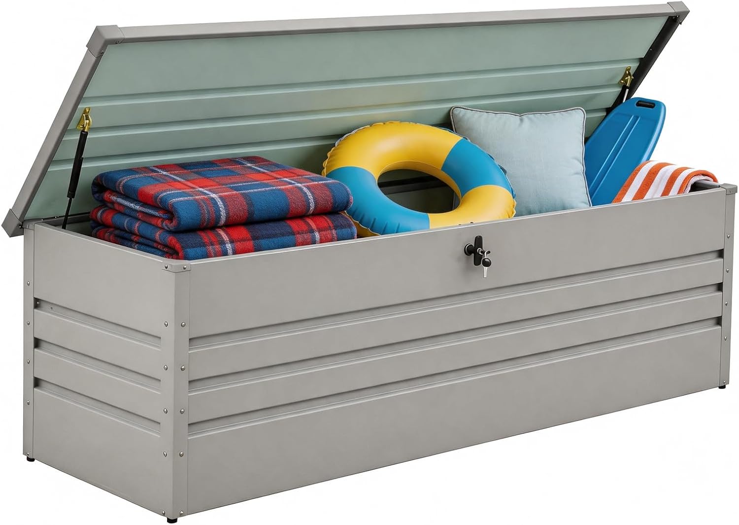 260 Gallon Waterproof Outdoor Storage Box, Extra Large Outside Metal Deck Storage Box for Patio Cushions, Garden Tools, Pool Supplies, Light Gray
