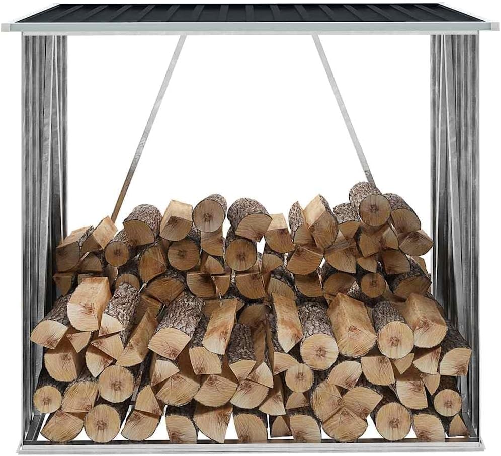 vidaXL Log Storage Shed, Log Holder with Roof, Log Storage Shed, Firewood Rack for Backyard Garden Patio Porch, Anthracite Galvanized Steel 64.2'