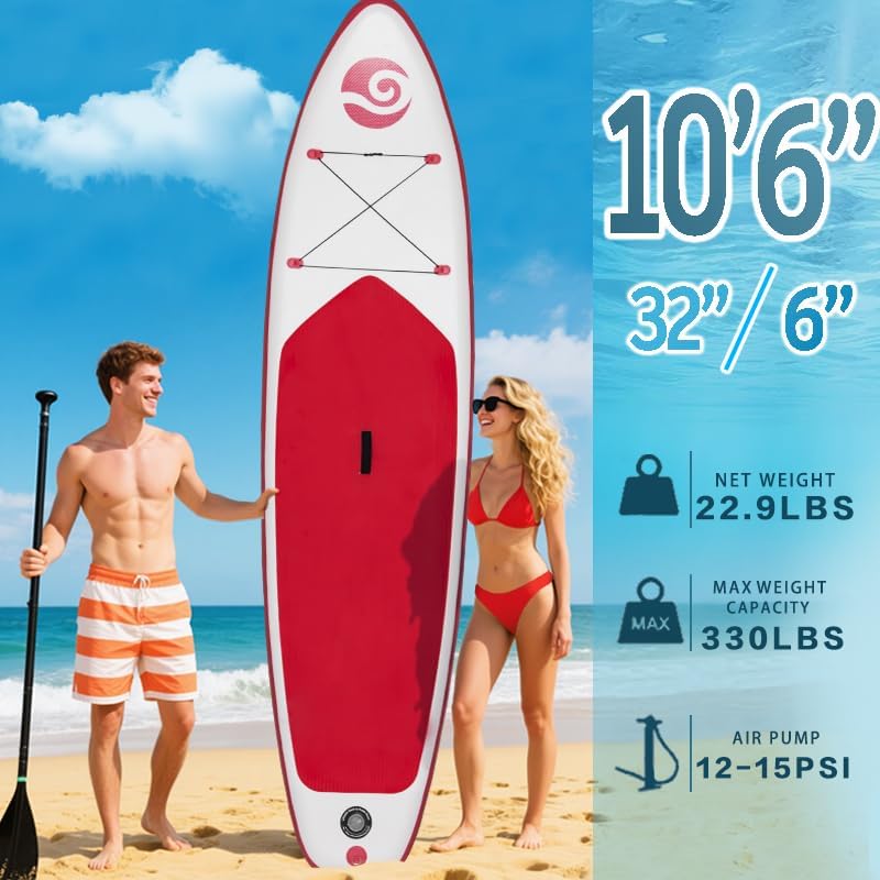 10'6'×32' Wide Inflatable Stand Up Paddle Board Fishing Paddle Board Yoga Board with Durable SUP Accessories & Carry Bag 2 Person Non-Slip Comfort Deck for Youth & Adults