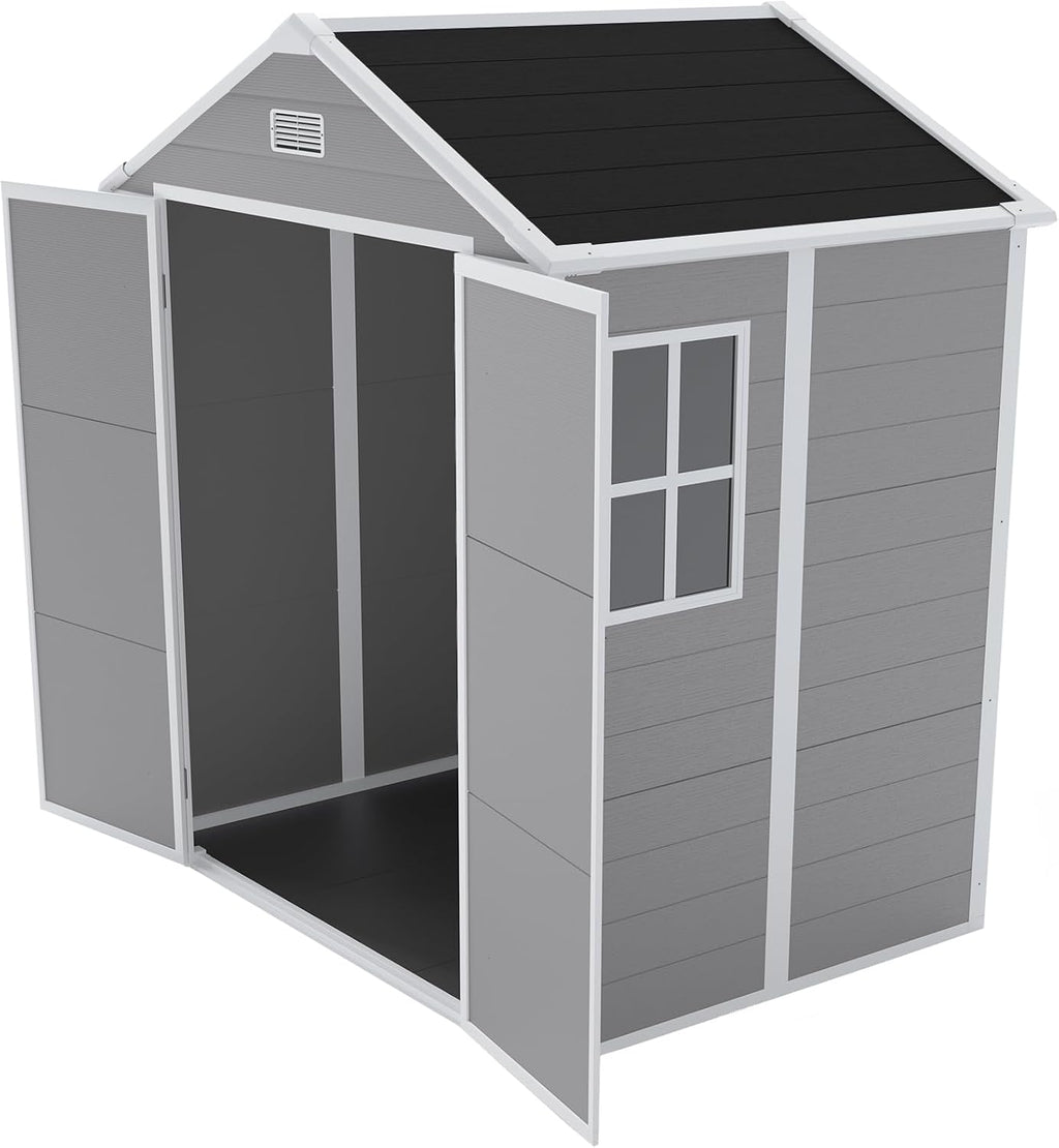 Outdoor Storage Shed 6x5 FT, Resin Shed with Floor & Window, Lockable Door, Vents, Outside Sheds & Garden Shed for Patio Furniture, Gardening Tools, Pool Equipment (Grey, 6 * 5ft)