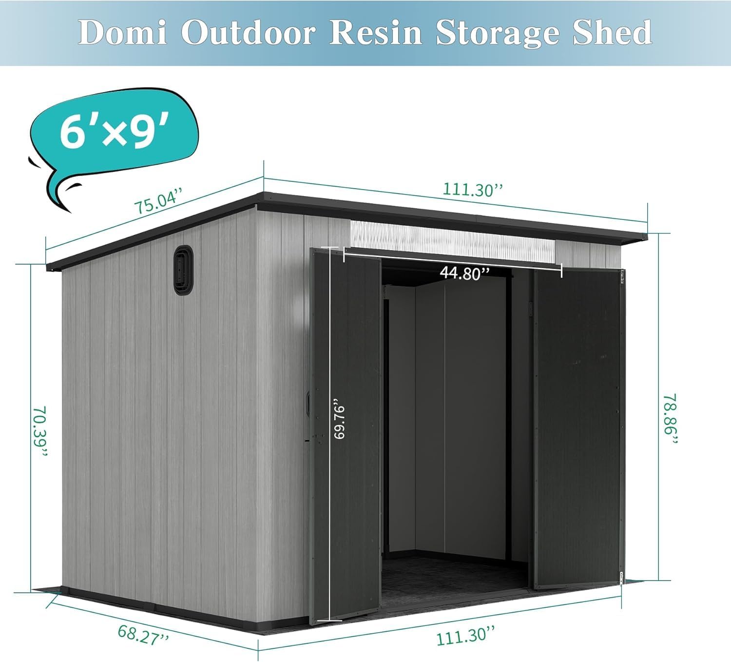 Domi 6x9FT Resin Outdoor Storage Shed with Sloping Roof, Waterproof Outside Sheds with Windows & Vents, Heavy-Duty Plastic Tool Storage Shed for Patio Furniture, Lawn Mower, Bike