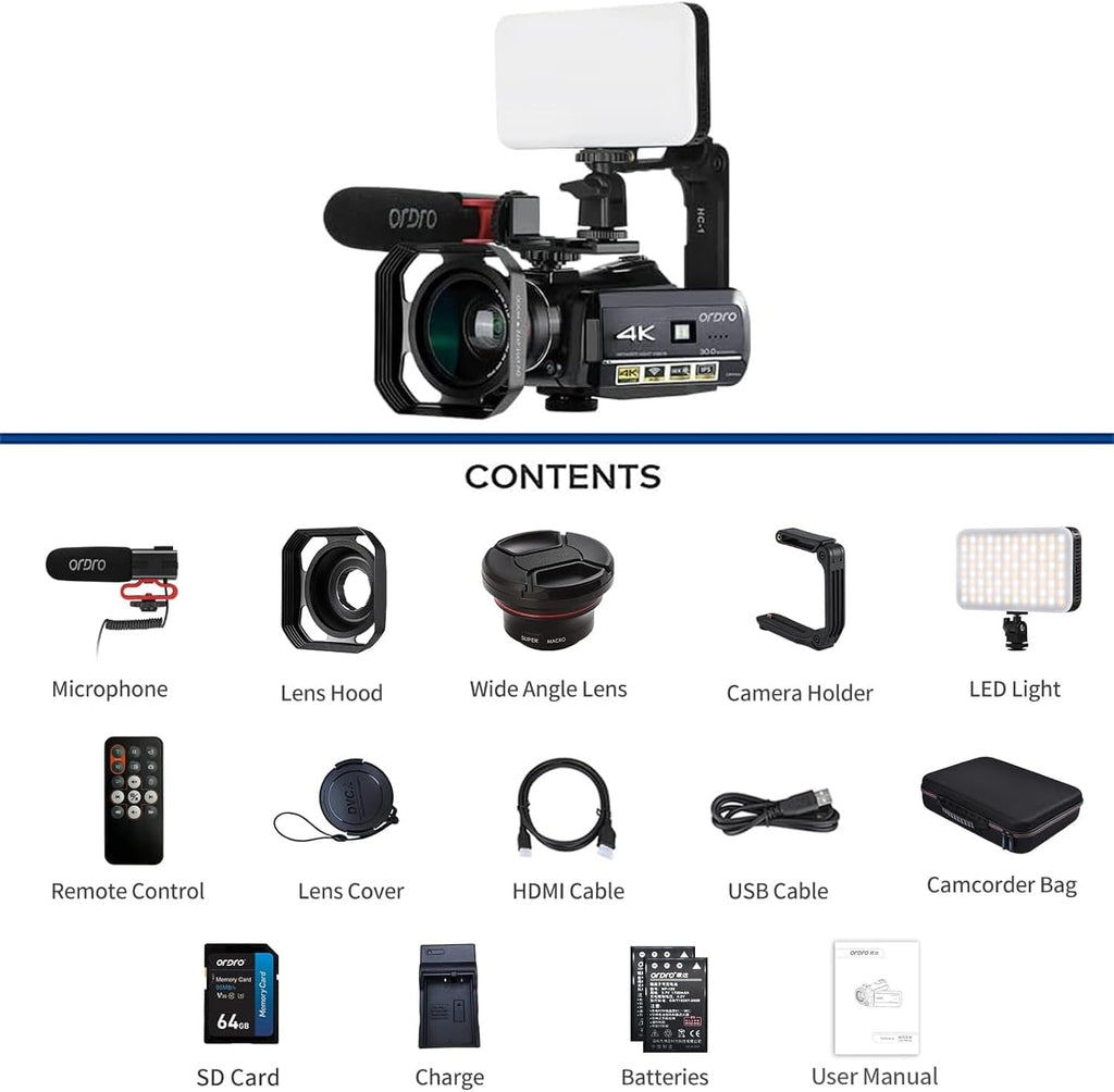 ORDRO UHD 4K Video Camera IR Night Vision Vlogging Camera for YouTube Digital Zoom Recorder with Microphone, Wide Angle Lens, LED Video Light, Handheld Stabilizer, Carrying Case,64GB Memory Card