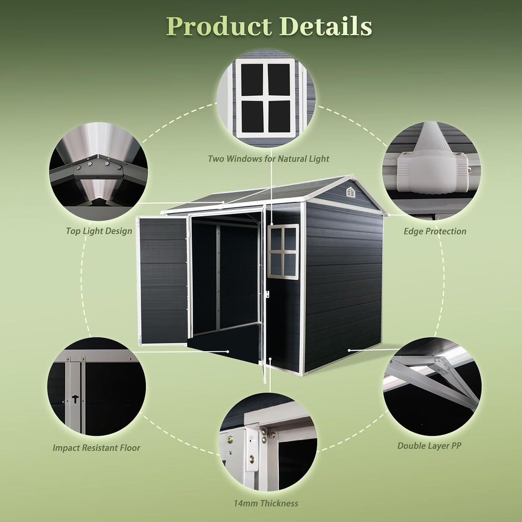 8x4 FT Resin Shed with Floor Included, Plastic Sheds & Outdoor Storage Clearance with 2 Windows and Lockable Door for Backyard, Bike, Garden Tools (Black)