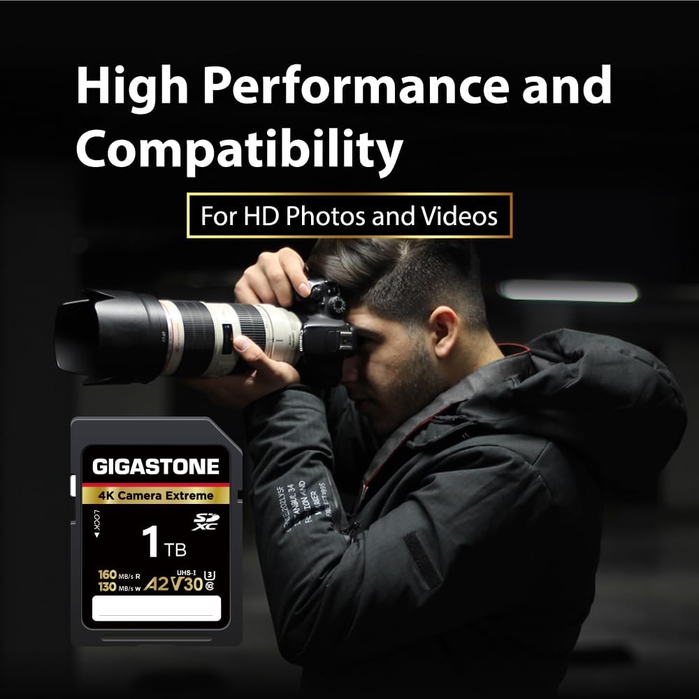 【5-Years Data Recovery】 GIGASTONE 1TB SD Card, 4K Camera Extreme, A2 V30 U3 C10 SDXC Memory Card High Speed, Compatible with Canon Kodak Olympus Digital Camera