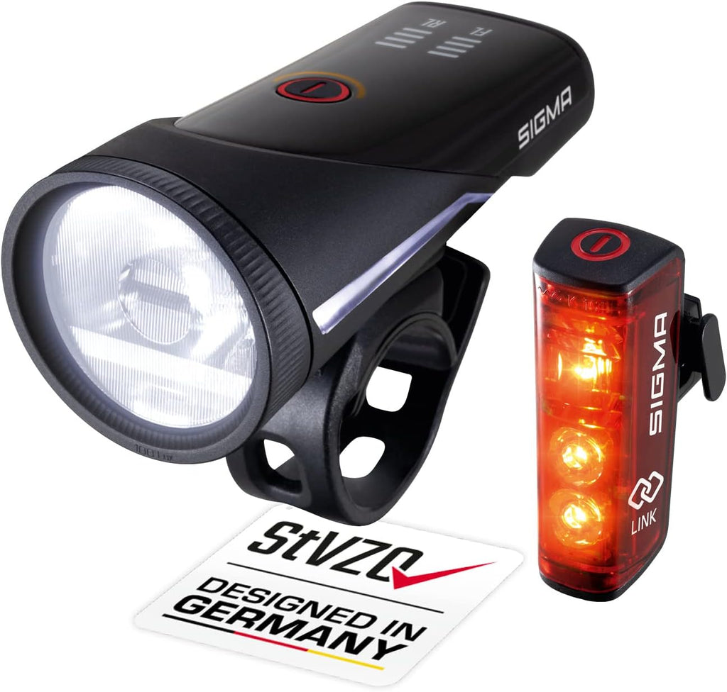 SIGMA Bicycle Light Set Aura 100/Blaze Link (Silicone Holder) Innovative Coupling Function and Automatic Light Adjustment LED Bicycle Light Front with 100 Lux Rear Light with Brake Light Function