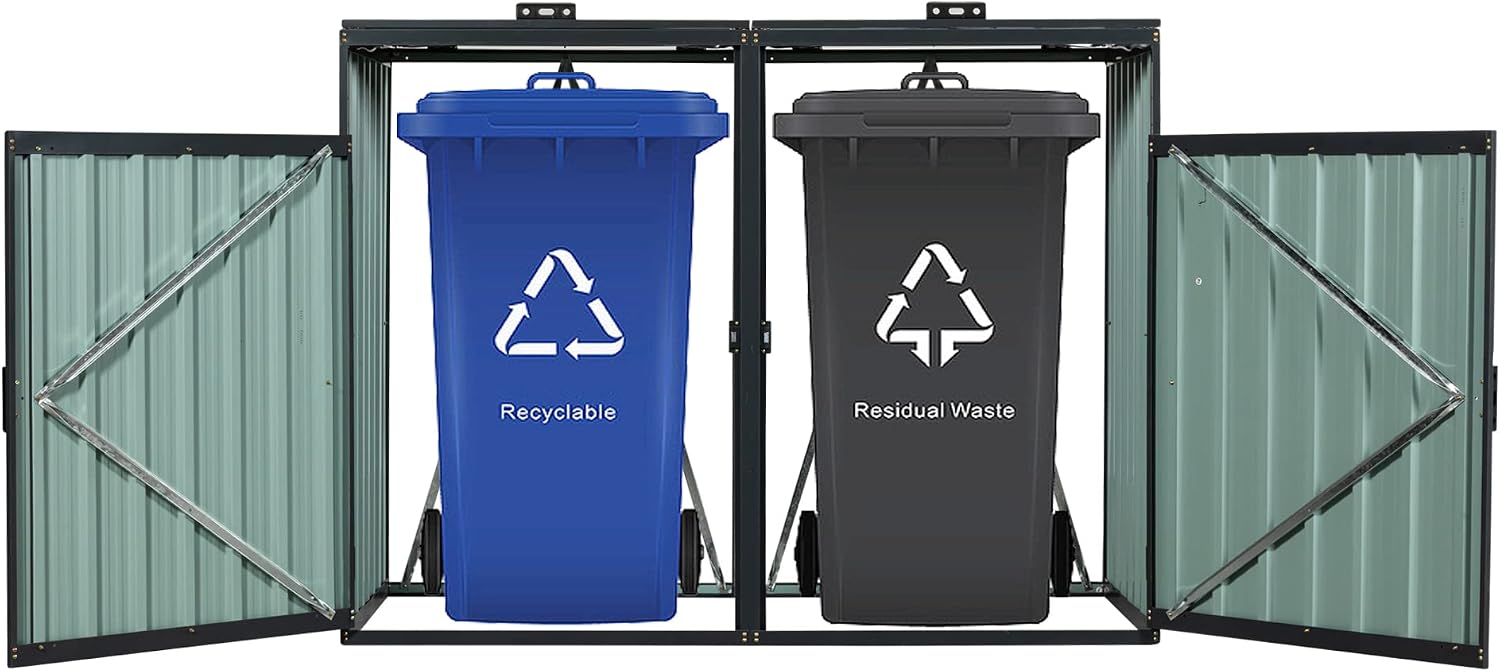 55.1 Cu.Ft Outdoor Trash Can Storage Shed, Metal Trash Can Storage Bin with Spring Chain Lid for Garbage Storage, Waterproof Storage Shed Stores for 2 Trash Cans, Garden Tools, Black
