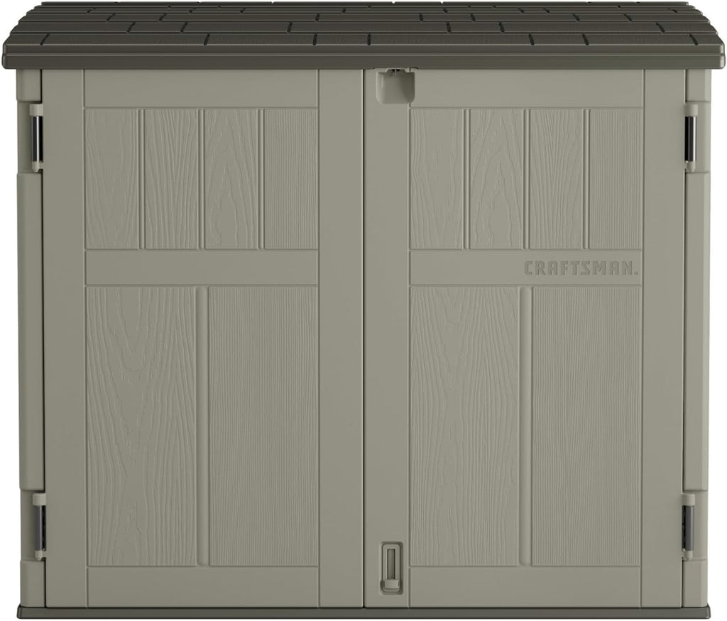 Craftsman Horizontal Shed, Compact Outdoor Storage System, 34 Cu. Ft. Capacity, Made in USA - Lockable Multi-Wall Resin Organizer for Garbage Cans, Garden Tools, Bins, Bikes and Yard Equipment