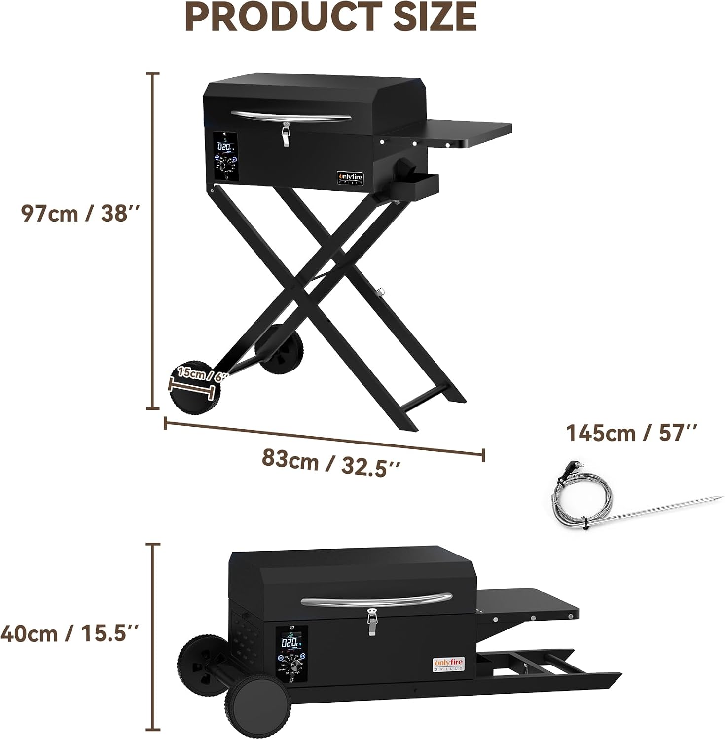 ONLYFIRE GRILLS BBQ Wood Pellet Grill Smoker with Foldable Cart, Meat Probe, 2 Tiers Cooking Area, Portable Grilling Stove for Outdoor Kitchen Cooking Smoke and Roast, RV Camping, Black GS343