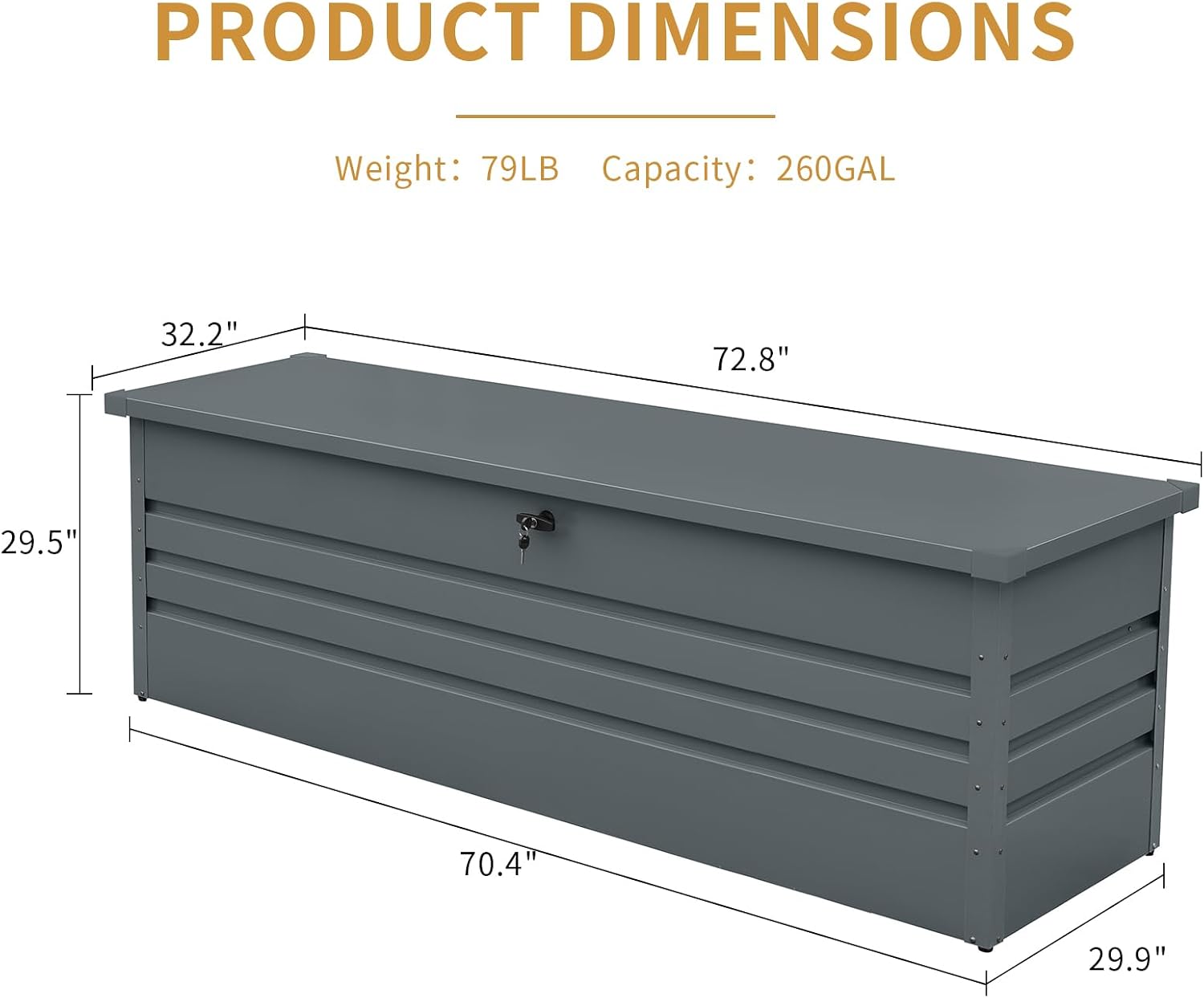 260 Gallon Deck Box, Metal Large Deck Box, Waterproof Deck Storage Box, Pool Storage Box with Lockable Storage Containers, Dark Gray