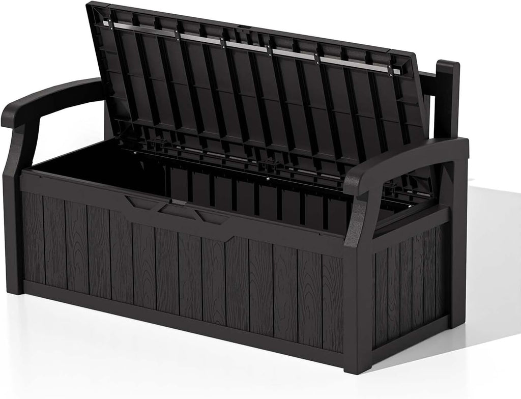 Patiowell 75 Gallon Plastic Storage Bench, Water-Resistant Deck Box for Patio Furniture, Garden Tools, Pool Storage and Outdoor Cushions, Black