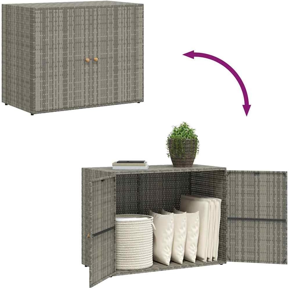 vidaXL Garden Storage Cabinet, Outdoor Tool Chest, Gray Poly Rattan with Solid Acacia Wood Door Knobs, Powder-Coated Steel Frame, Weather-Resistant Design, 39.4'x21.9'x31.5'