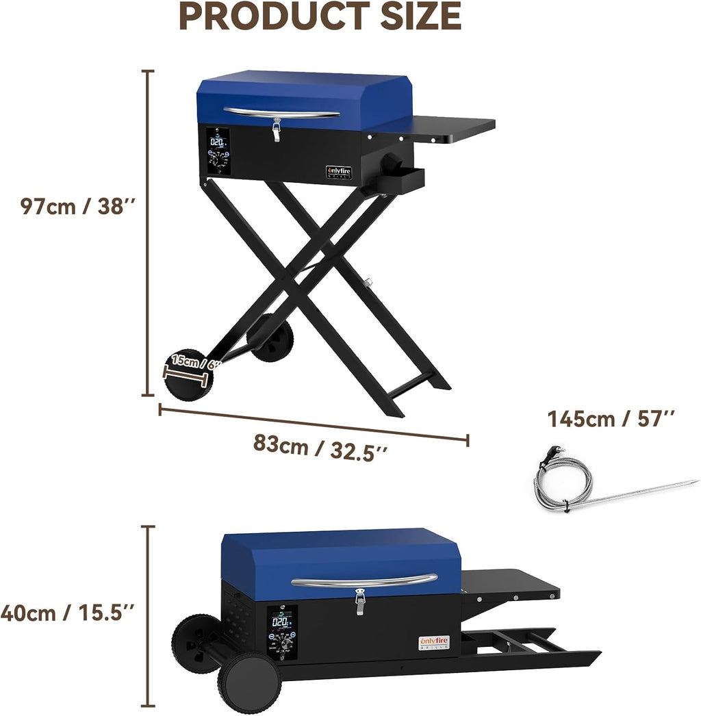 ONLYFIRE GRILLS BBQ Wood Pellet Grill Smoker with Foldable Cart, Meat Probe, 2 Tiers Cooking Area, Portable Smoking Grilling Stove for Outdoor Patio Cooking, RV Camping Tailgating, Blue GS342