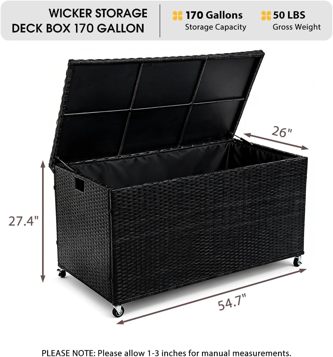 Outdoor 170 Gallon Water-Resistant Wicker Storage Box with Wheels, PE Rattan Deck Box with Waterproof Liner for Outside, Patio Storage Container with Hinged Lid, Horizontal Bin, Black