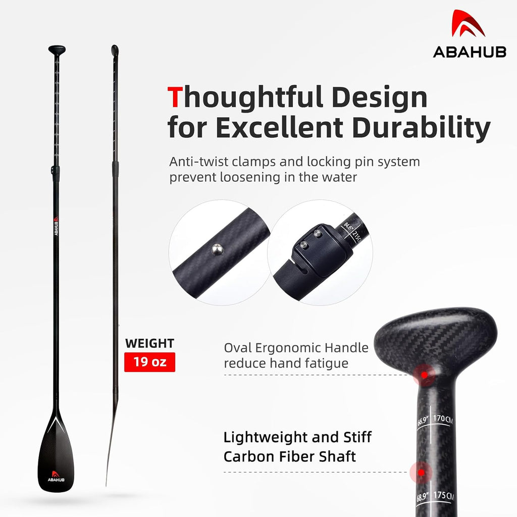 Abahub Carbon Fiber SUP Paddles, 1 x 3 Section Adjustable 67' - 86' Carbon Fiber Shaft, Lightweight Stand-up Paddle Oars for Paddleboards, with a Carrying Bag