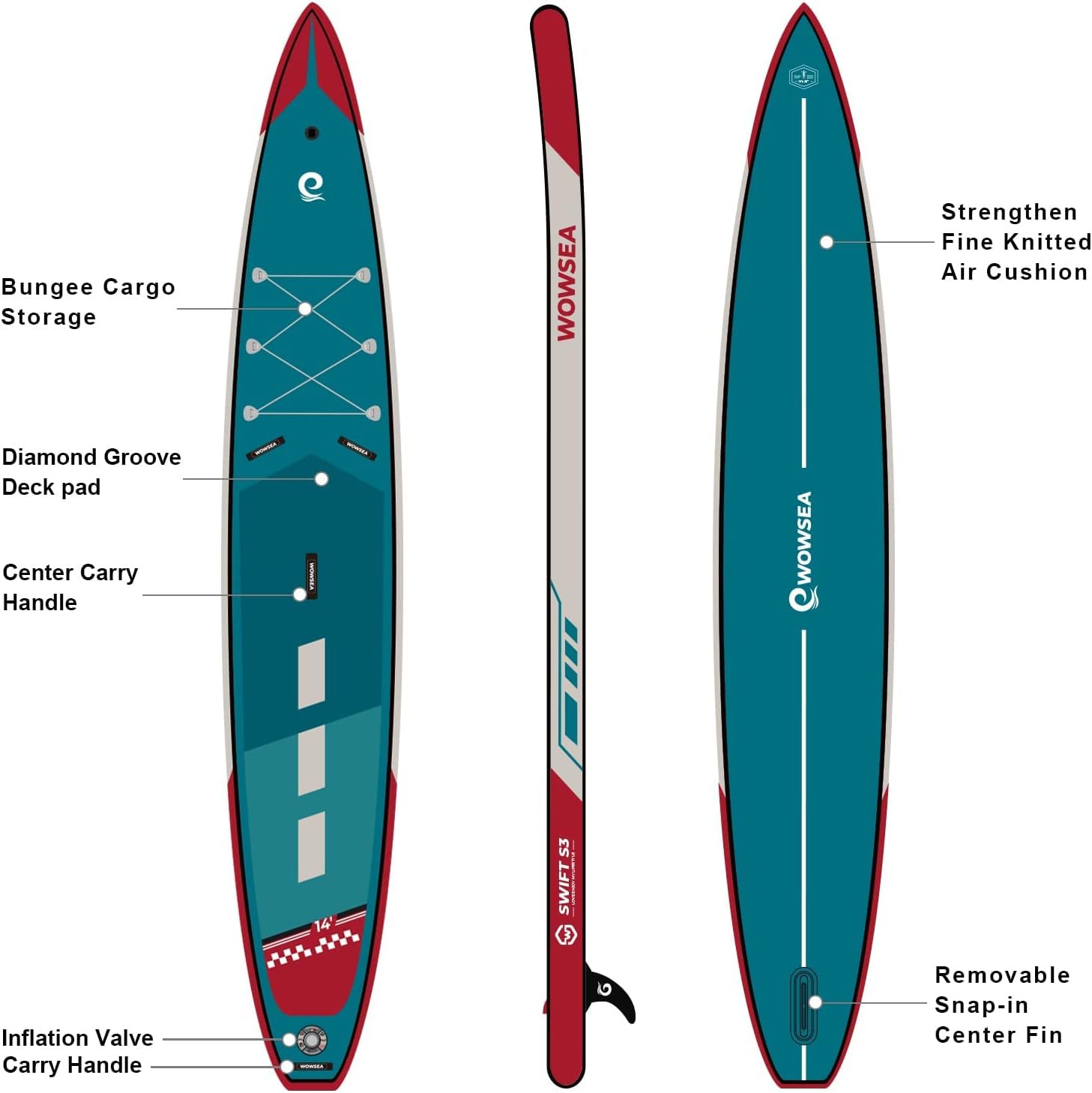 WOWSEA Swift S2 Inflatable Paddle Board, Exploring and Stable SUP Board, Sport & Racing Paddle Board with Action Camera Mount, Nice iSUP Board for Aquatic Exercise and Professional Paddlers (14')