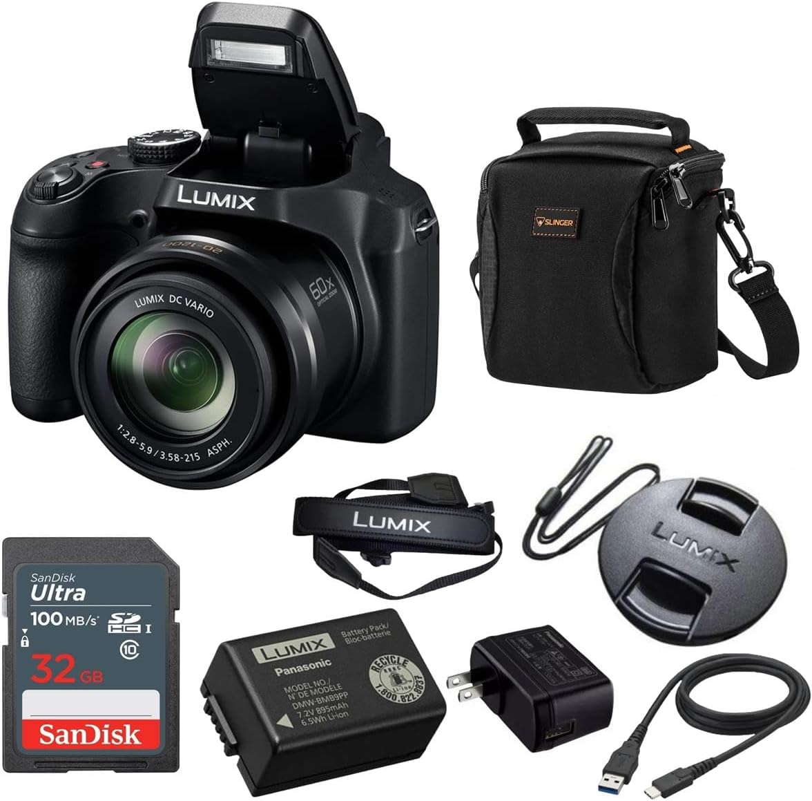 Panasonic LUMIX FZ80D 18.1MP Point & Shoot Digital Camera Bundle with Slinger Alpine 140 Multi-Device Shoulder Bag, SanDisk Ultra 32GB UHS-I SDHC Memory Card