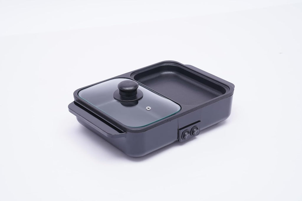 Hot Pot Electric with Grill, 2 in1 Indoor Non-Stick Shabu Shabu Pot & Frying Pan, Portable Mini Hot Pot Korean BBQ w/Individual Dual Temperature Control, 1-3 People