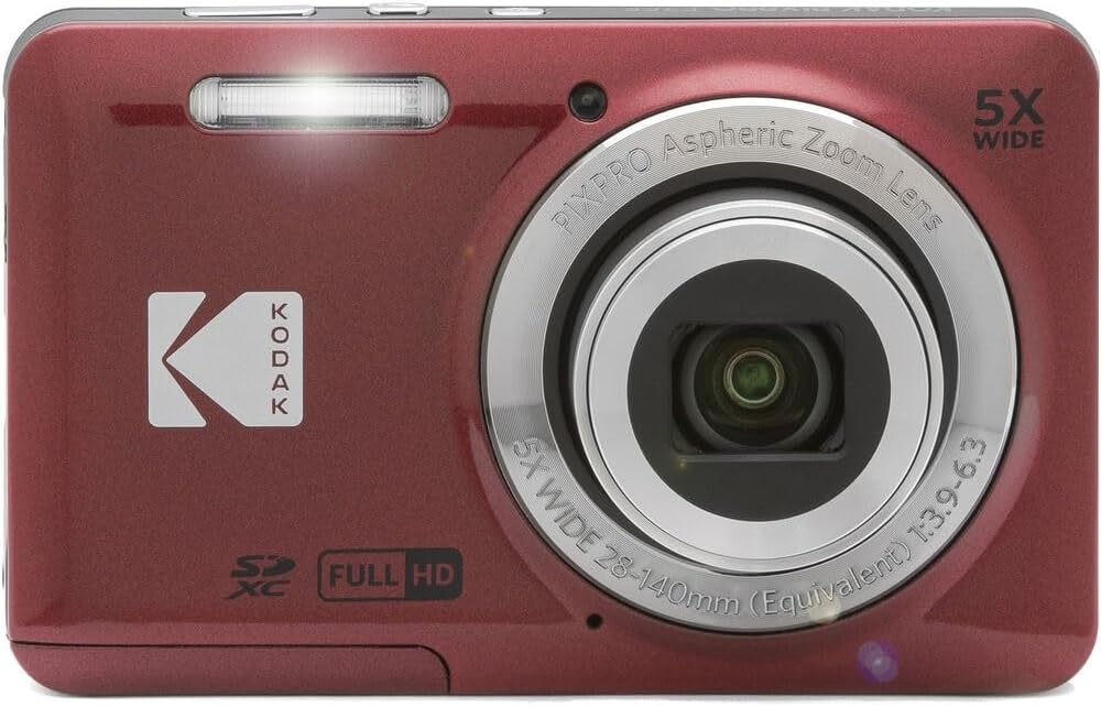 Kodak Pixpro FZ55 Digital Camera Bundle, Includes: SanDisk 128GB Memory Card, Hard Shell Camera Case, SD Card Reader and More (6 Items) (Red)
