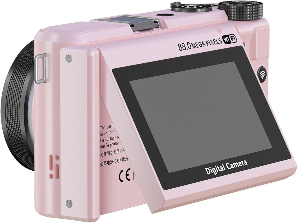 PUSOKEI 8K Digital Camera, Auto Focus 88MP Cameras for Photography, 18x Zoom WiFi Vlogging Camera, 3 inch Flip Screen, with Webcam Mode, Filter, Multiple Filters LED Fill Light (Pink)