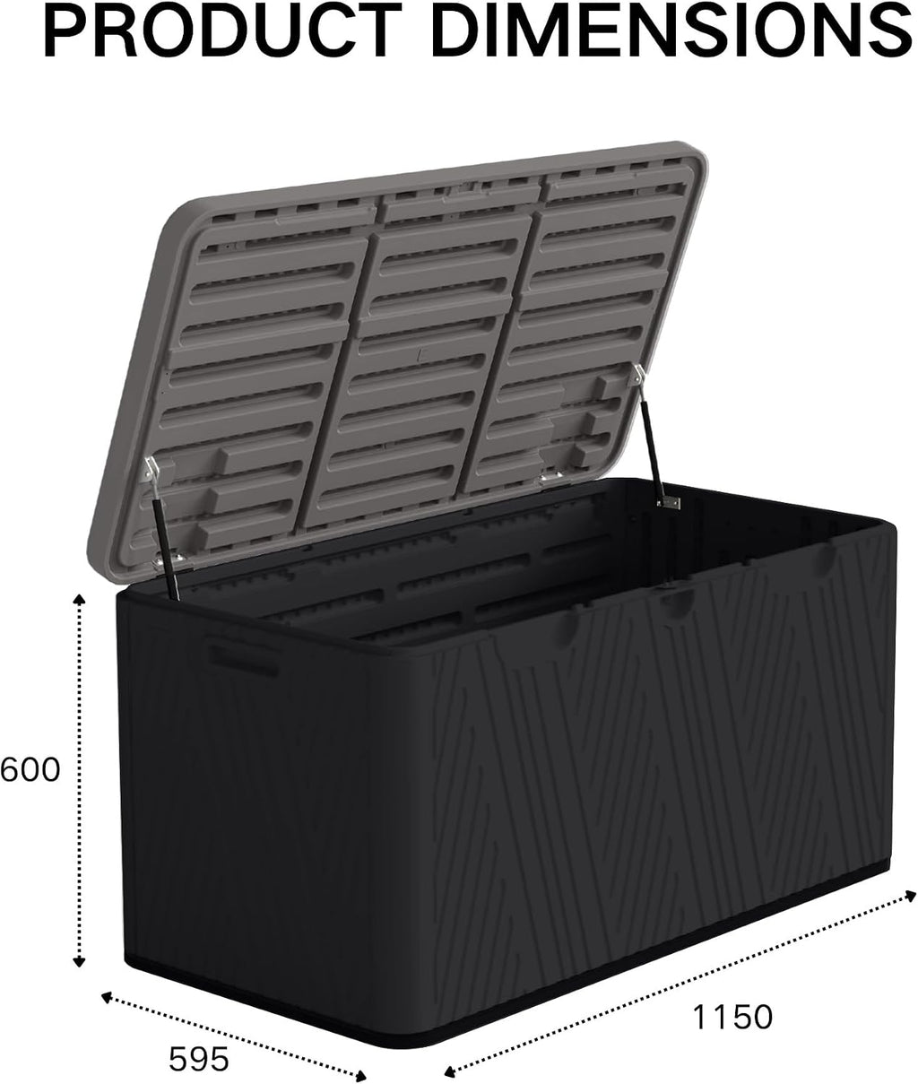 120 Gallon Outdoor Storage Box, Square Resin Deck Box with Hydraulic Lid, Waterproof Plastic Patio Storage for Cushions, Pool Supplies, Garden Tools, Black