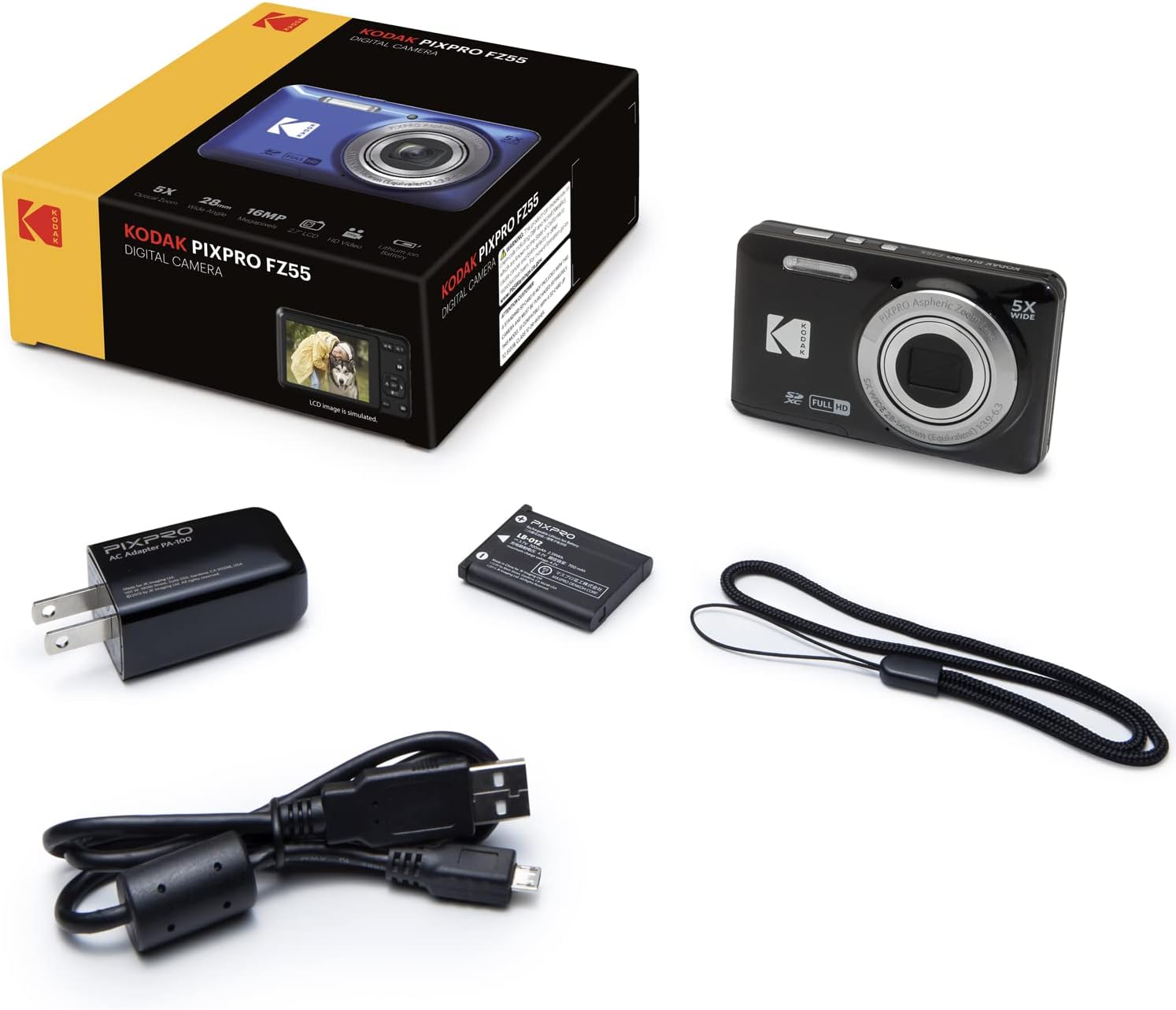 Kodak PIXPRO FZ55 Digital Camera, Black Bundle with Lexar 32GB High-Performance 800x UHS-I SDHC Memory Card + Deco Photo Point and Shoot Field Bag Camera Case