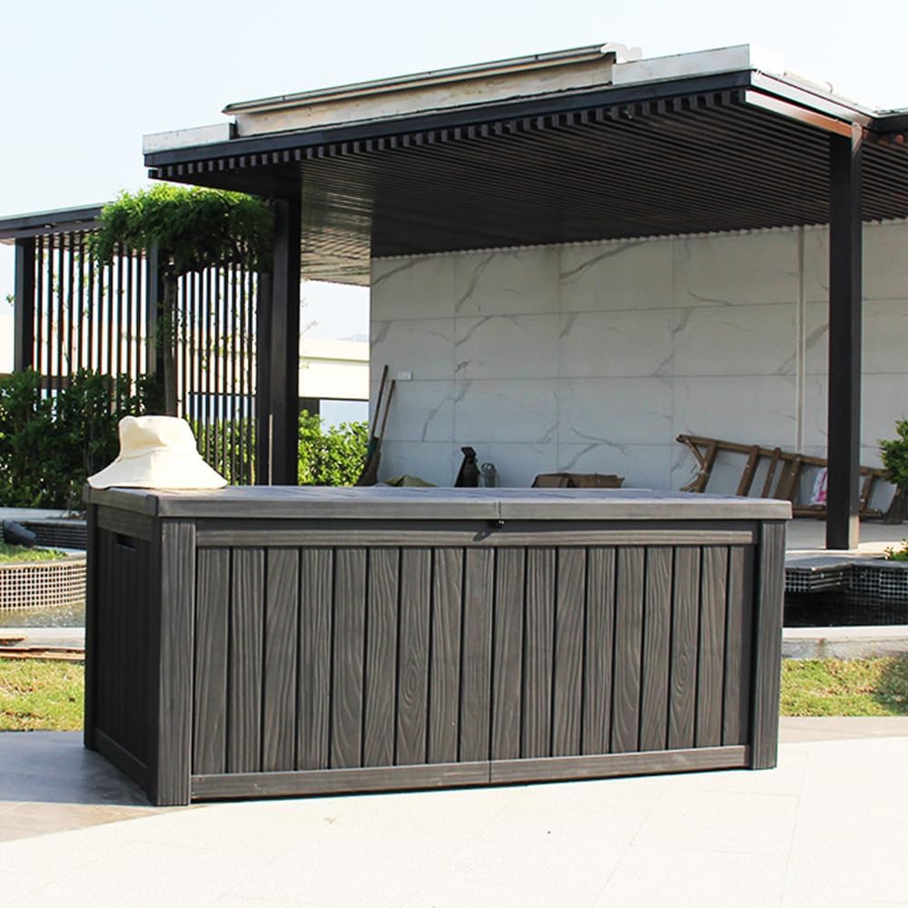 BTEXPERT 150 Gallon Outdoor Storage Container Deck Box with Metal Support Rods for Patio Furniture Garden Tools Cushions Waterproof Lockable UV Resistant Resin